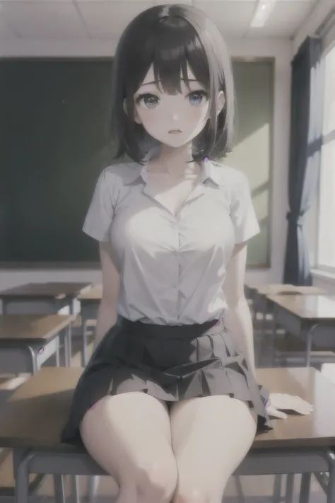  horny middle school girls 、Black Haired Beautiful Girl、Short-sleeved uniform、 white collared blouse、Collarbone in full view、 Light Blue Skirt 、 pleated skirt、 horny thighs、Inner thighs、 sit on a chair、 superior、Hide your arms behind your back 、classroom