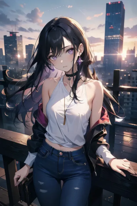 (masterpiece), (best quality), ultra detailed, finely detailed color, cenematic painting, bishoujo, model, ((one lady)), 20 years old, cute face, black hair, absurdly long hair, straight hair, violet eyes, purple eyes, standing, chocker, (black hood zip-up...