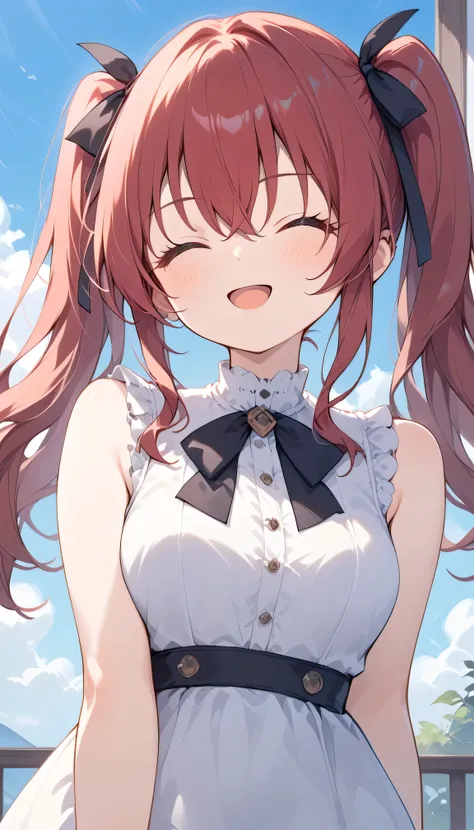  twin tails　 black ribbon　 long hair　 red hair 　closed eyes　　　 eyebrows visible from inside hair ,  hair between eyes,  watches viewers, masterpiece,  top quality, very aesthetic　 casual clothes　 white shirt　 sleeveless　 Outdoors　 downtown　Square　blue sky　...
