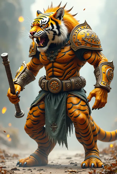 realistic photograph of a mythological monster with a tiger's head in an attack position ,  profile view , with bright and detailed armor, with a club in his hand jumping,   full body shirt