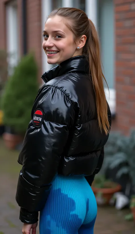 Backside diagonally photo from side behind of a sweaty hot wet cute beautiful darkblonde furtuned dutch spanish italia young posing age femboy wearing black northface shiny pvc puffy cropped short puffer jacket, very short shiny black Big luxurious northfa...