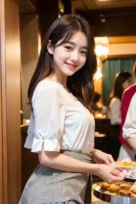 A 20-year-old with a cute face like an 18-year-old idol　 smiles gently　Whole body　 open chest blouse　 mini skirt　 hotel party venue　Standing buffet social gathering 　Many people attend social gatherings 　live-action　 RAW photos 　Genuine