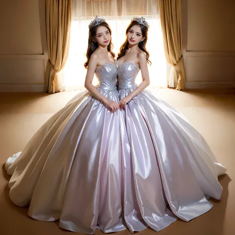 bestresolution, (2heads:1.2), princesses, tiaras on head, ballgown, princess dress, large dress,