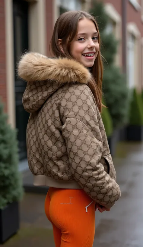 Backside diagonally photo from side behind of a sweaty hot wet cute beautiful darkblonde furtuned dutch spanish italia young posing age femboy wearing dull canvas brown beige gucciprint cropped short puffer jacket. Huge big brown furry fur hood, Big gucci ...