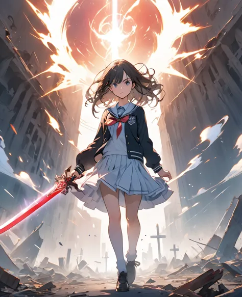  high school girl,Has a sword with an aura, Ruined World