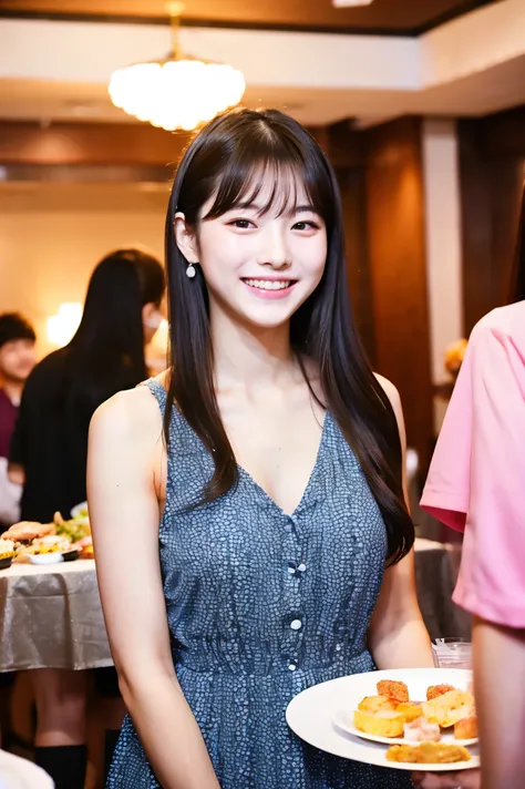 A 20-year-old with a cute face like an 18-year-old idol　 smiles gently　Whole body　Party Dresses　 hotel party venue　Standing buffet social gathering 　Many people attend social gatherings 　live-action　 RAW photos 　Genuine