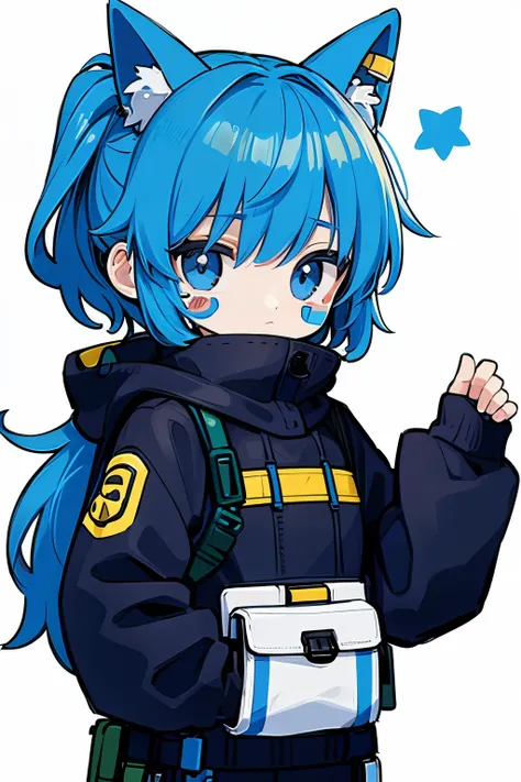 (sticker),#quality(8k,best quality, masterpiece),solo, #1girl(cute, kawaii,small ,smile,hair floating,hair color cosmic,pigtail hair,zombie skin,ghost skin ,skin color blue,pale skin,eye color cosmic,eyes shining,big eyes,damaged clothes,heavy metal costum...