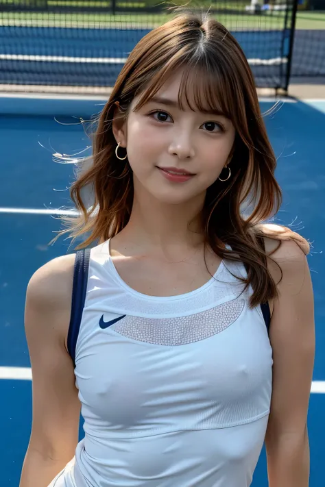 , break, Tennis Players, Athletic Outfits, Comfort, Mobility, Dynamic Movements, Court.


 1girl , brown hair, medium hair, brown eyes, full body, simple background, white background, 

break , earrings、(whole body:1.3)、

、 stylish hair 、 fluffy hair 、
 ( ...