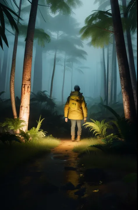 an explorer wearing a yellow coat in a dystopian heavy jungle, heavy rain, massive dinosaurs in between trees, pupil shining, volumetric lighting, at night, haze, volumetric lighting