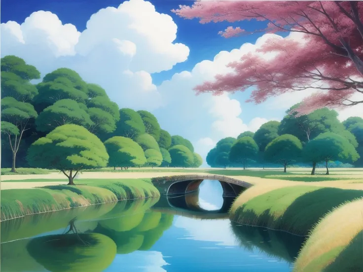 Realistic, authentic, beautiful and amazing landscape oil painting Studio Ghibli Hayao Miyazaki&#39;s petal grassland with blue sky and white clouds 