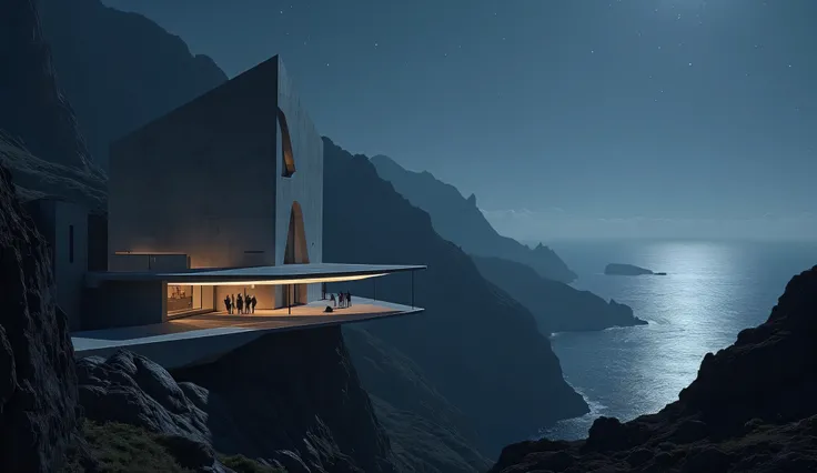 Futuristic architecture on the mountainside. Sea. Concrete. Night scene and light.