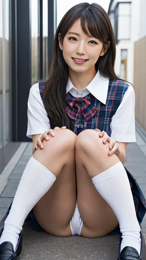 (  top quality, 4K, Expensive resolution:1.1),  brown-haired , Japanese girl  ,   Japanese gal ,  gal makeup、(  anatomically accurate :1.1), 18 years old, smile,  ( Delicate Detailed Eyes )Beautiful black eyes、 short skirt ,   dark blue plaid skirt ,  red ...