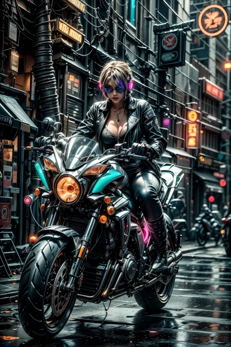 (masterpiece, best quality),Anita Battle Angel, ((female character sitting on a big cybernetics motorcycle)), cyberpunk style, leather jacket, Baggypants, short hair with vibrant highlights, confident expression, detailed futuristic motorcycle, neon accent...