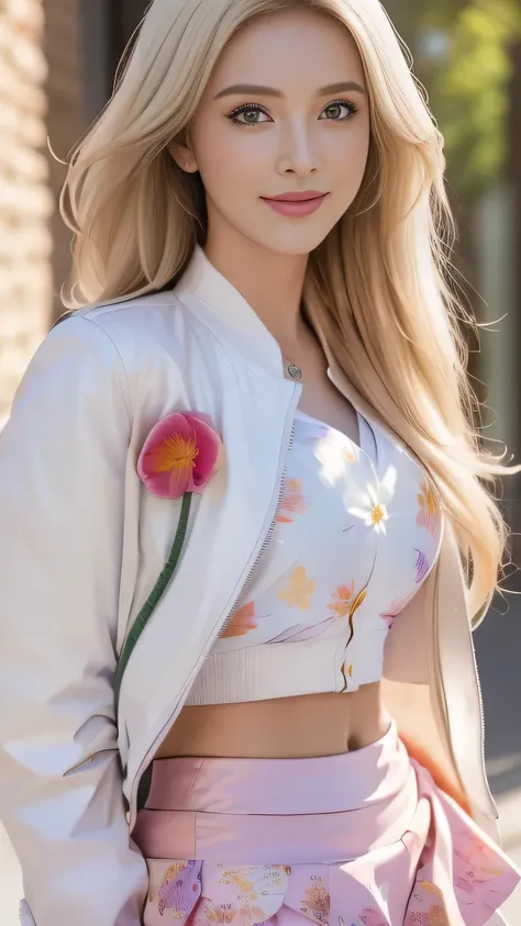 ( top quality, for very detailed, Realistic Photo:1.37), bright and vivid colors , studio lighting ,Playful expressions ,Fashion Makeup, Long blonde hair fluttering in the wind, charming eyes,Glossy lips, sexy pose ,Suspender Skirt,Confident、 Charming Smil...