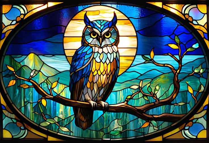 a close up of a Stained Glass owl sitting on a tree branch, Stained Glass art, maxim verehin Stained Glass, 輝く owl under guard, golden twilight Stained Glass, すべての owl under guardの中で最も賢い , on a Stained Glass window, 輝く owl under guard, Stained Glass...