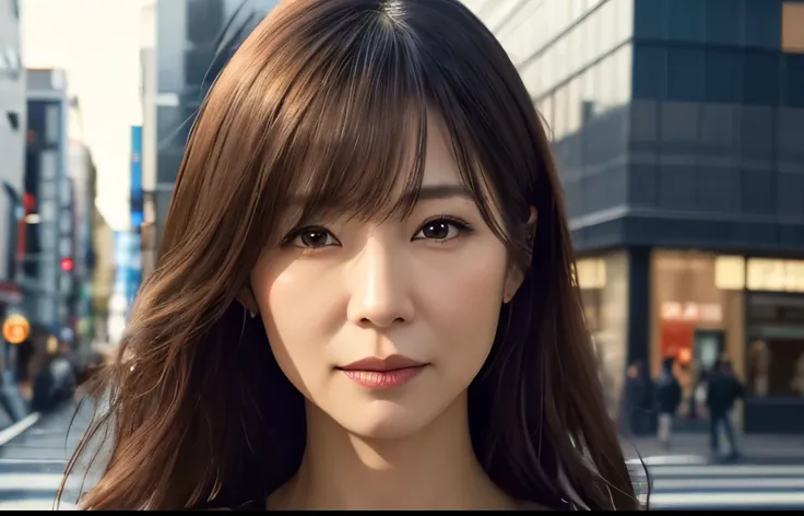 a beautiful Japanese woman in her 40s, detailed portrait, bust-up, at Sukiyabashi intersection in Ginza, Tokyo, long hair, long face, wide bangs, elegant mature woman, hyper realistic, cinematic lighting, highly detailed, award winning photograph, 8k, phot...