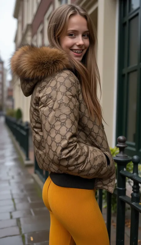 Backside diagonally photo from side behind of a sweaty hot wet cute beautiful darkblonde furtuned dutch spanish italia young posing age femboy wearing dull canvas brown beige gucciprint cropped short puffer jacket. Huge big brown furry fur hood, very short...