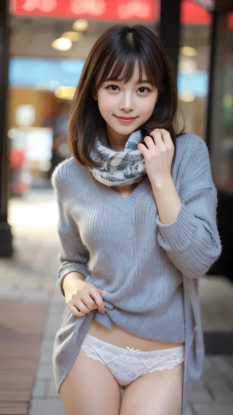  highest quality、disorganized、super detailed、finely、High resolution、8k wallpaper、perfect dynamic composition、beautiful and fine eyes、Gorgeous knit Korean winter clothes、skirt、(skirtをたくし上げる)、(Show lace panties)、medium hair、bangs、big breasts、Scarf、natural co...