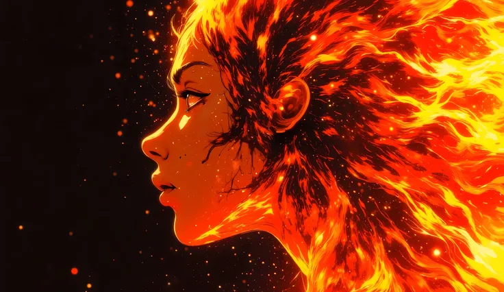 high quality, 8K ultra HD, Una hermosa double exposure que combina una silueta de mujer con un fuego enorme, el fuego should serve as a backdrop, with its details incorporated into the woman , sharp lines, The background is monochrome, sharp focus, d...