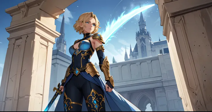 A proud and confident warrior, standing in a medieval setting with stone pillars in the background. She has short, wavy blonde hair, cut in a practical style, with a distinctive upward-pointing strand that reinforces her striking personality. Her gaze is f...