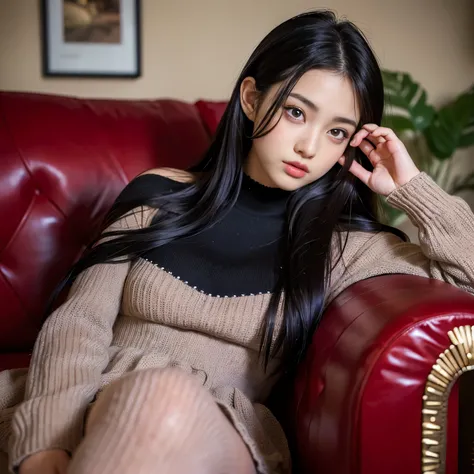 (Best quality, Masterpiece, Ultra High Resolution, (Photorealistic:1.4), Raw-Photo, depth of field, professional lighting), 1girl, 15-years-old, the most famous Japanese idol, ((sitting on sofa)), (drunk:1.5), ((wearing most fashionable outfits, (knitted d...