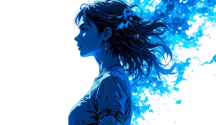high quality, 8K ultra HD, Una hermosa double exposure que combina una silueta de mujer con un fuego azul enorme, el fuego azul should serve as a backdrop, with its details incorporated into the woman , sharp lines, The background is monochrome, sharp...