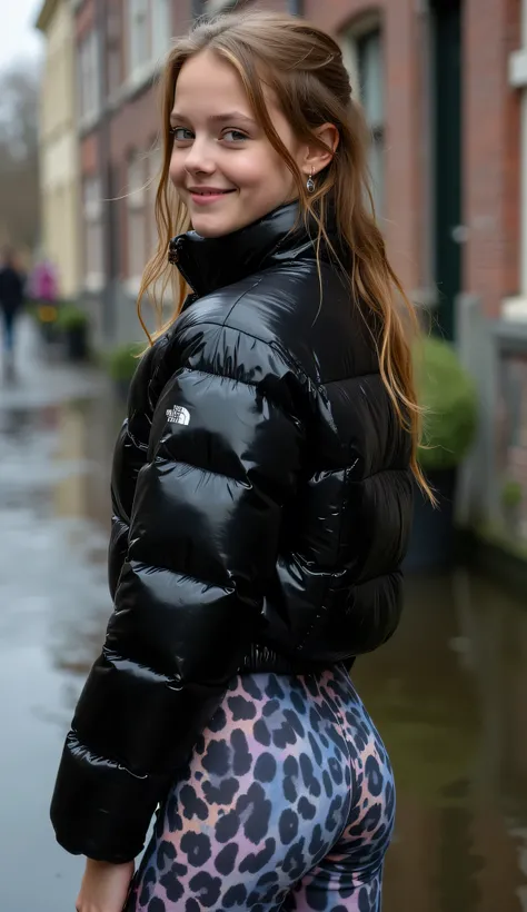 Backside diagonally photo from side behind of a sweaty hot wet cute beautiful darkblonde furtuned dutch spanish italia young posing age femboy wearing black northface shiny pvc puffy cropped short puffer jacket, very short shiny black Big luxurious northfa...