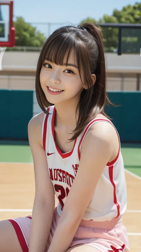 21 years old,  beautiful woman,  natural light,  BASKETBALL UNIFORM,  upper body,  front view,  basketball player , ( top quality, 8k,  Masterpiece),  basketball court, With bangs,  sitting has a smiling face, ( of pussy is embarrassing),  looking at the c...