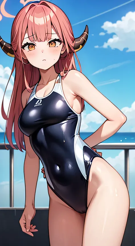 (Masterpiece、 top quality、In 8K、  kampala:1.2)、 alone、 one girl、  Aru Rikuhachima、 embarrassing feeling 、  watch viewers 、whole body、  Transparent swimsuit 、  Clear Racing Swimsuit、   shiny body   、  wet body、School、 low angle