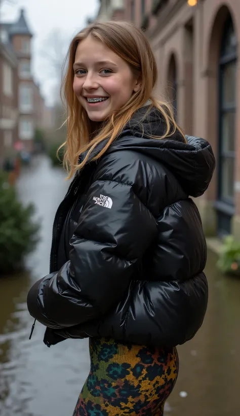 Backside diagonally photo from side behind of a sweaty hot wet cute beautiful darkblonde furtuned dutch spanish italia young posing age femboy wearing black northface shiny pvc puffy cropped short puffer jacket, very short shiny black Big luxurious northfa...