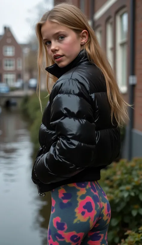 Backside diagonally photo from side behind of a sweaty hot wet cute beautiful darkblonde furtuned dutch spanish italia young posing age femboy wearing black northface shiny pvc puffy cropped short puffer jacket, very short shiny black Big luxurious northfa...