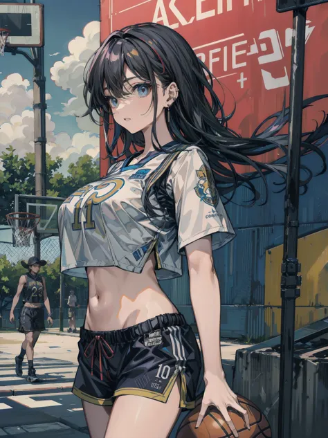 perfect anatomy, correct body, earring, narrow waist, black hair, huge breasts, outdoor, cowboy shot, crop top, shorts, basketball uniform,