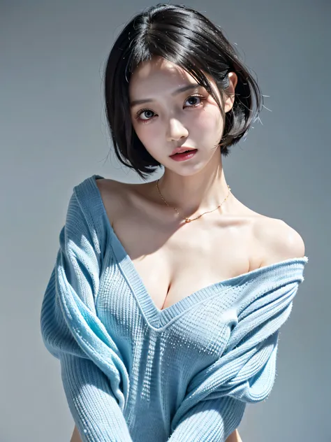 (highest quality, 8k, 32k, masterpiece, Ultra-high resolution:1.2),Beautiful Japanese Women Photos, （D cup breasts）,（Standard body type）、Short black hair、Bob Hair,Upper Body,Face Focus,（Light blue sweater:1.6）, necklace, Simple Background, From above, View...