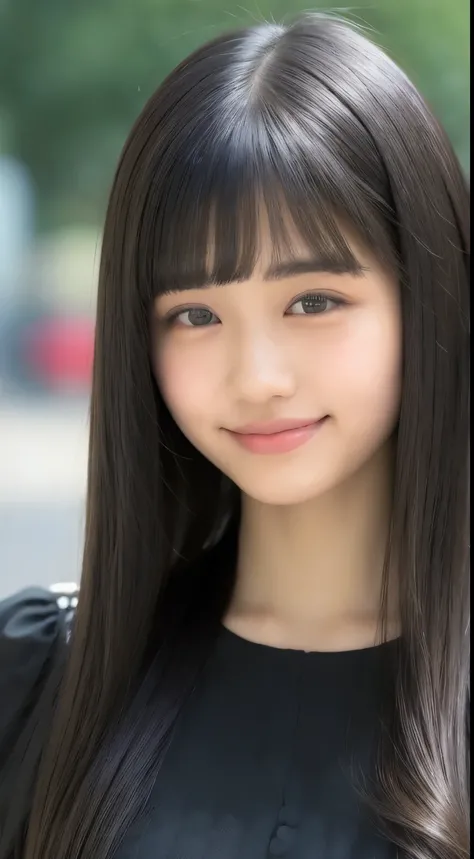 (( top quality, 8k, Masterpiece :1.3)), 1 girl,, smiles, full body, Slim face, Pretty Woman , (Thick black hair), bangs , long dress :1.1, super detailed face , Fine grain , double eyelids, blur background, Slim face, city, outside, street,