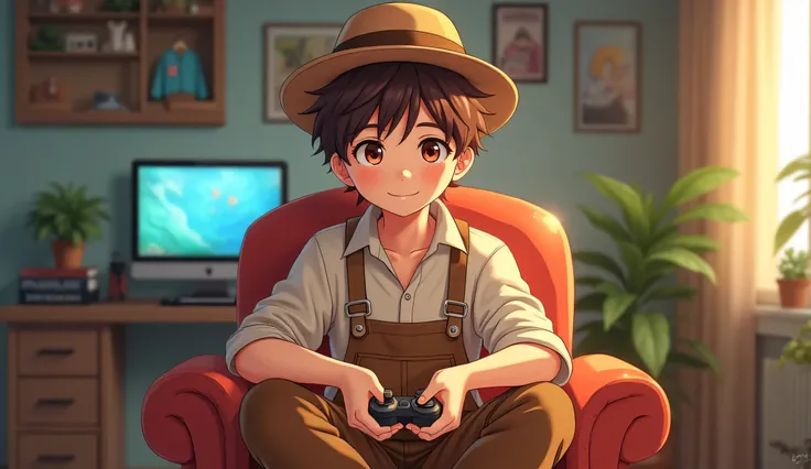 Create an image of 18 years anime boy sitting in the Room wearing Farmer dress and showing his YouTube channel Name Gaming ka kira 