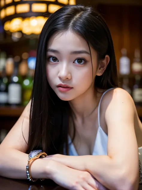 (Best quality, Masterpiece, Ultra High Resolution, (Photorealistic:1.4), Raw-Photo, depth of field, professional lighting), ((at luxury hotel bar, detailed bar counter)), 1girl, 15-years-old, the most famous Japanese idol, (((Completely drunk with Ardbeg))...