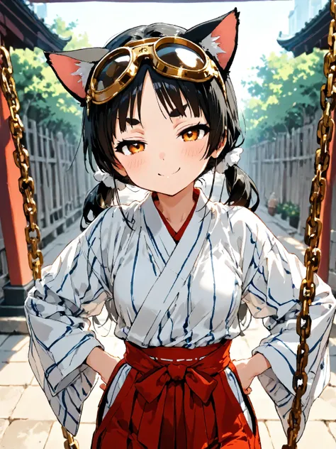  in the seat ,   Cat girl 、(Cat ears、  women in the world always wear goggles and cat ears), (   I wear luxury gold goggles on my head    ),      Greatest Masterpiece in History    ,dynamic,   Shrine Background   ,     beautiful black hair、Pigtails or hair...