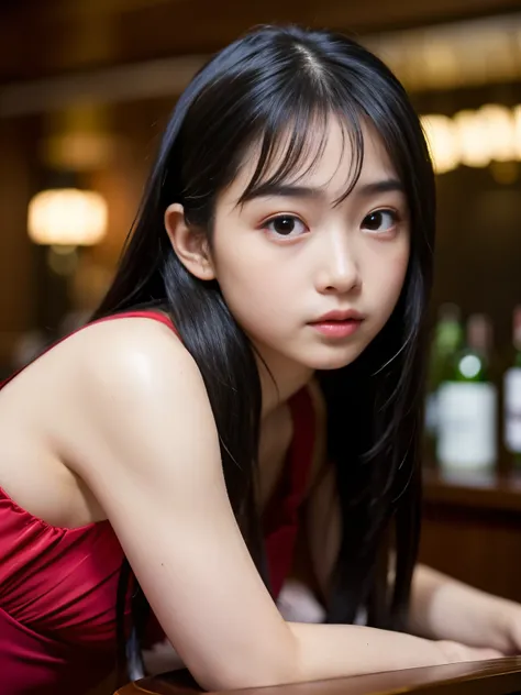 (Best quality, Masterpiece, Ultra High Resolution, (Photorealistic:1.4), Raw-Photo, depth of field, professional lighting), ((at luxury hotel bar)), 1girl, 15-years-old, the most famous Japanese idol, ((drunk with Ardbeg)), ((wearing most fashionable dress...