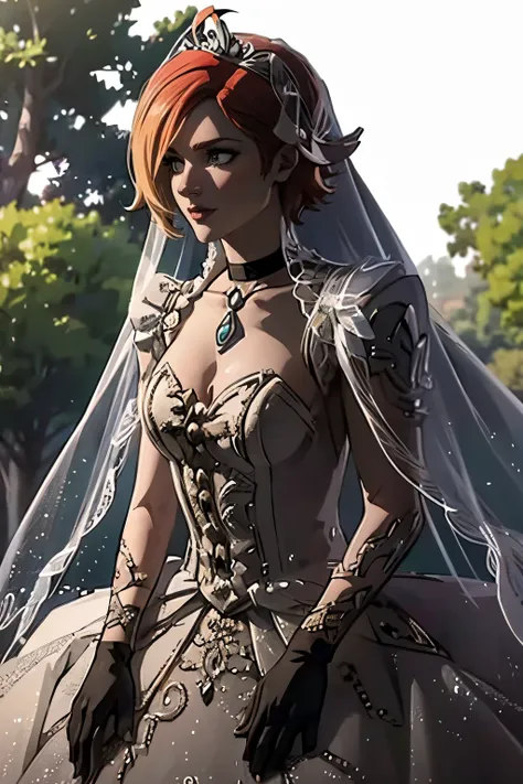 Lilith Borderlands, hair between eyes, ahoge, blonde hair, star \(symbol\), hair ornament, ruffled tulle dress, cleavage, bare shoulders, collarbone, long black elbow gloves, black gloves, black dress, black choker, strapless, tiara, veil, strapless dress...