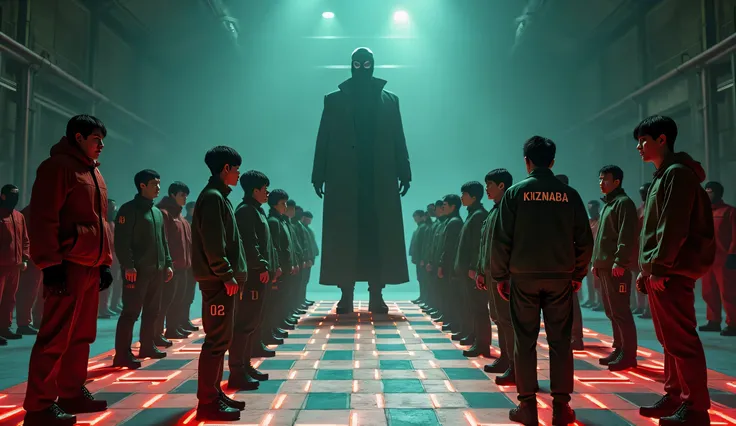 Create an ultra-hyper-realistic image of a human chess match featuring Squid Game players, where all the players are Korean. The chessboard is massive, set in a dimly lit, eerie arena with towering walls and a dark industrial ceiling. The floor is a glowin...