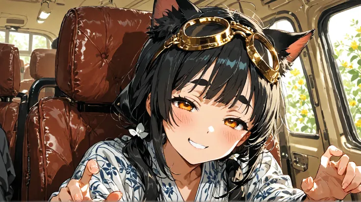  in the seat ,   Cat girl 、(Cat ears、  women in the world always wear goggles and cat ears), (   I wear luxury gold goggles on my head    ),      Greatest Masterpiece in History    ,dynamic,   Shrine Background   ,     beautiful black hair、Pigtails or hair...