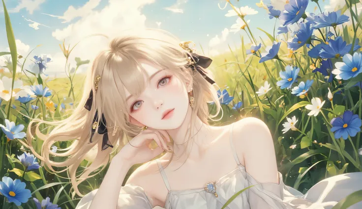 A breathtaking anime-style illustration of a beautiful young woman lying in a lush field of blue and white flowers, bathed in warm, golden sunlight. Her delicate blonde hair cascades across the grass, catching the light with soft, ethereal highlights. She ...