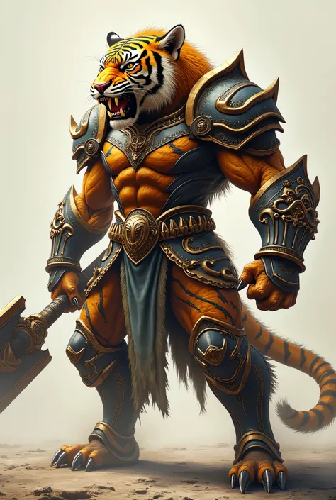 realistic photograph of a mythological monster with a tiger's head in an attack position ,  profile view , with bright and detailed armor, with a club in his hand jumping,   full body shirt