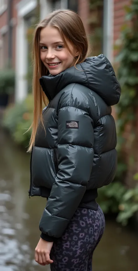 Backside diagonally photo from side of a sweaty hot wet cute beautiful darkblonde dutch spanish italia young posing age femboy wearing grey northface shiny pvc puffy cropped short puffer jacket, very short shiny blackgrey Big luxurious northface branding p...