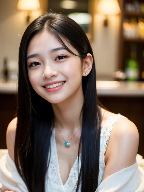 (Best quality, Masterpiece, Ultra High Resolution, (Photorealistic:1.4), Raw-Photo, depth of field, professional lighting), at luxury hotel bar, 1girl, 15-years-old, the most famous Japanese idol, ((grinning, drunk):1.3), (wearing most fashionable dress), ...