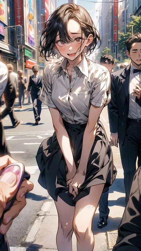 Crowd in the background,masterpiece,Highest quality,High resolution,Anatomically correct,business suit,Short Sleeve Button Down Shirt,Short skirt,Sweat,barefoot,Glowing Skin,Ahegao,Forehead,Bob,ID card,vibrator,5 men:2.0,,Surrounded by men:2.0,Shooting wit...