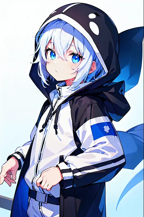 [(WHITE BACKGROUND:1.5),::5], ((((masterpiece)))), high quality, ultra very high resolution, full color, (((solo))), ((little younger boy)), men's White Short hair, White streaked hair, (Blue eyes), anime, (upper body), Summer clothes, ORCA black parka, Or...