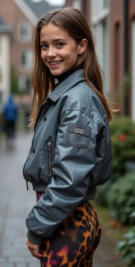 Backside diagonally photo from side behind of a sweaty hot wet cute beautiful darkblonde furtuned dutch spanish italia young posing age femboy wearing greyblue shiny puffy cropped short bomber jacket, very short shiny grey blue Big luxurious alpha-industri...