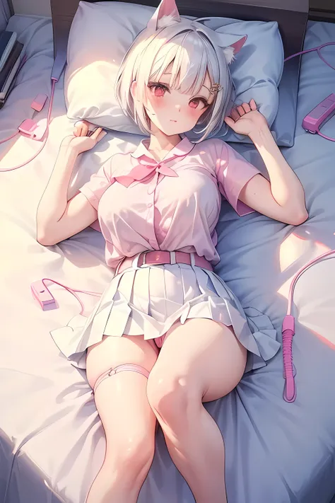 Masterpiece, 8K, beautiful women , 
Cat ears,Lie on bed,

(White bob hair:1.3), beautiful detailed red eyes, 
Blushed face, (white blouse, short sleeves), (White pleated skirt), (Plump breast), (Open legs),
(From above:1.2), Closeup,

(Pink vibrator:1.2),t...