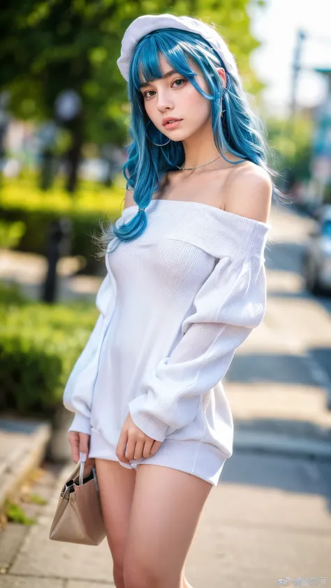 （the street：1 girl with blue hair，Get up，One word step+）， tmasterpiece， Best quality， RAW photos， realistically， the face， Incredibly ridiculous Resourcetra long brown curly hair around the ears)，eye shadows，techwear outfits，(White off-the-shoulder over-th...